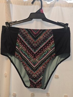 High-Waist Bikini Bottom with Geometric Stripe Panel Womens Size Large